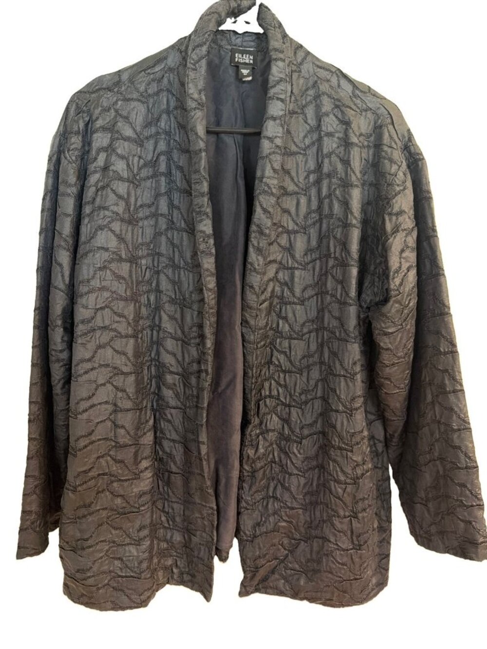 Eileen Fisher Women's Black Textured Open Front Jacket Silk Minimalist Size M